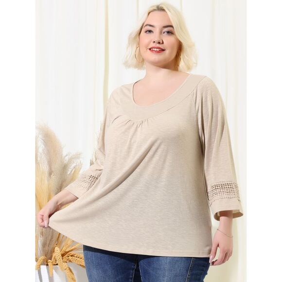 Women's Plus Size Crochet Panel Kimono Raglan Sleeves Tops Apricot - Picture 2 of 6